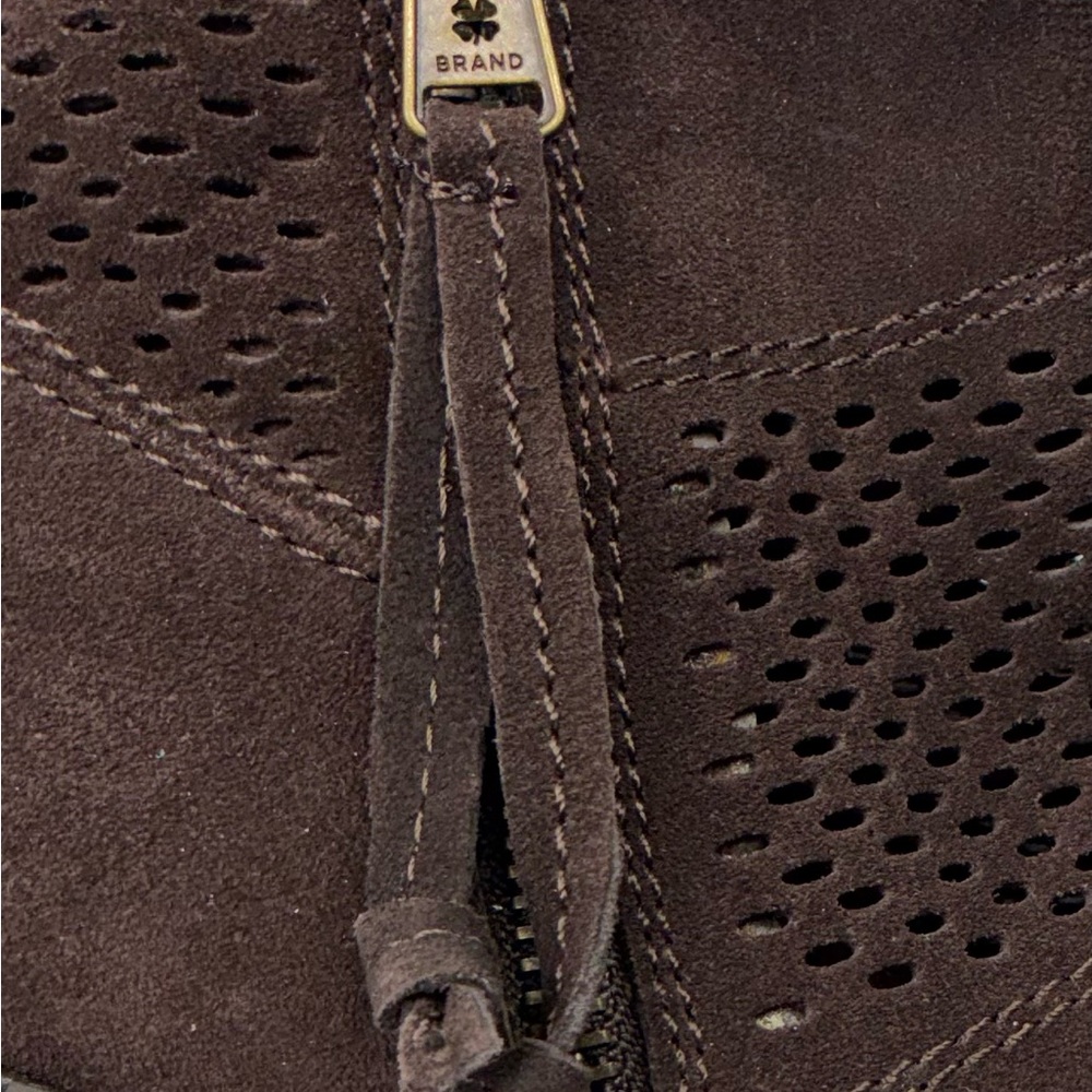 Lucky Brand Boho Perforated Leather Suede Booties Brown Stacked Heel Ankle Boots - Picture 7 of 10